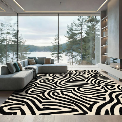 Black Cream Stylized Abstract Maze Rug