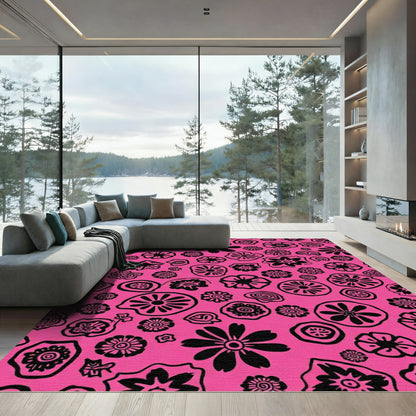 Pink Black Abstract Floral Collage Rug