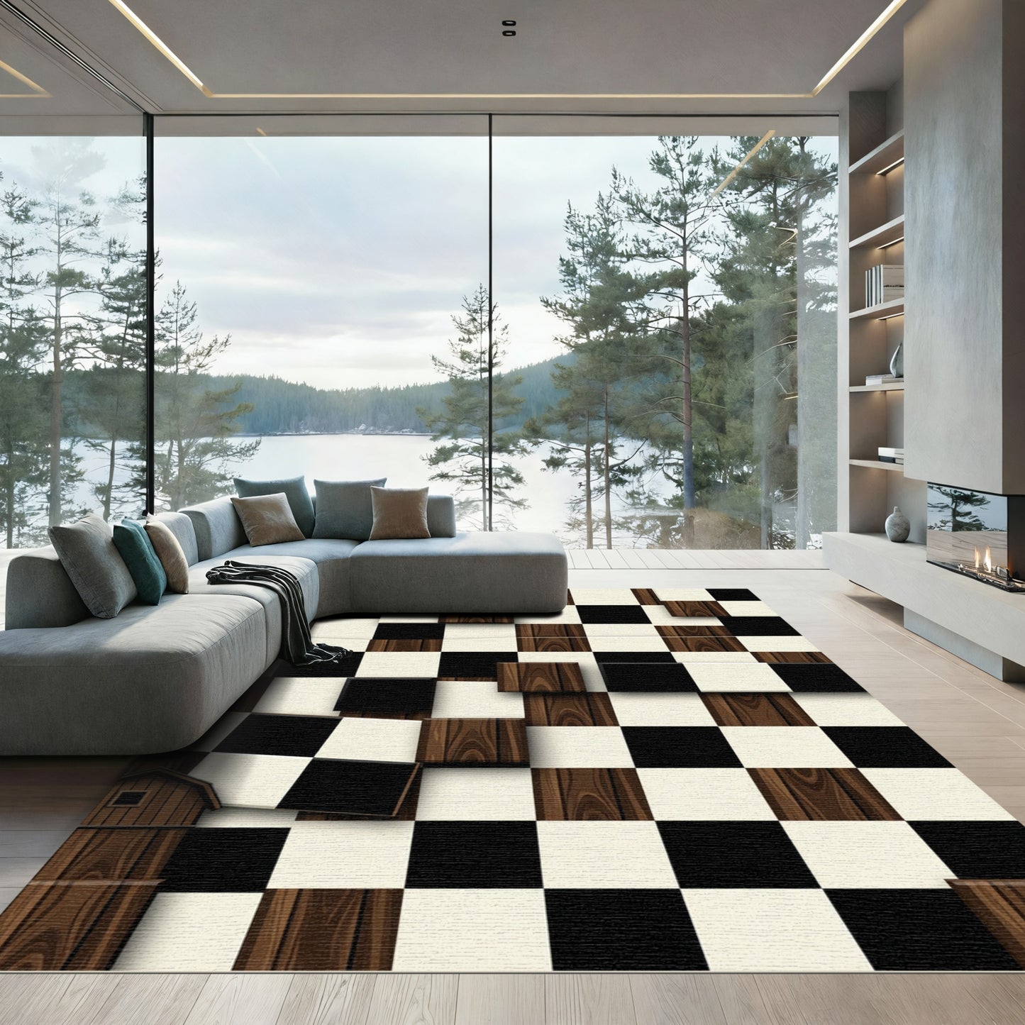Dimensional Wood Grain Checkerboard Rug
