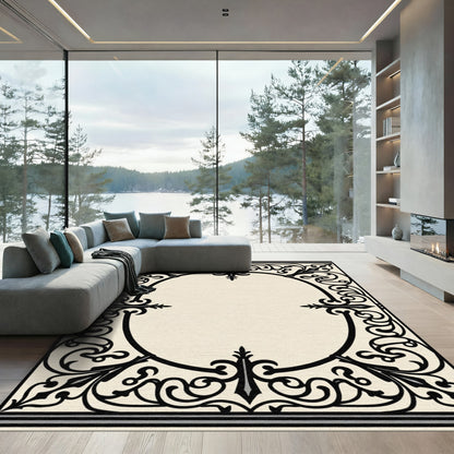 Ornate Black Oval Floral Border Rug
