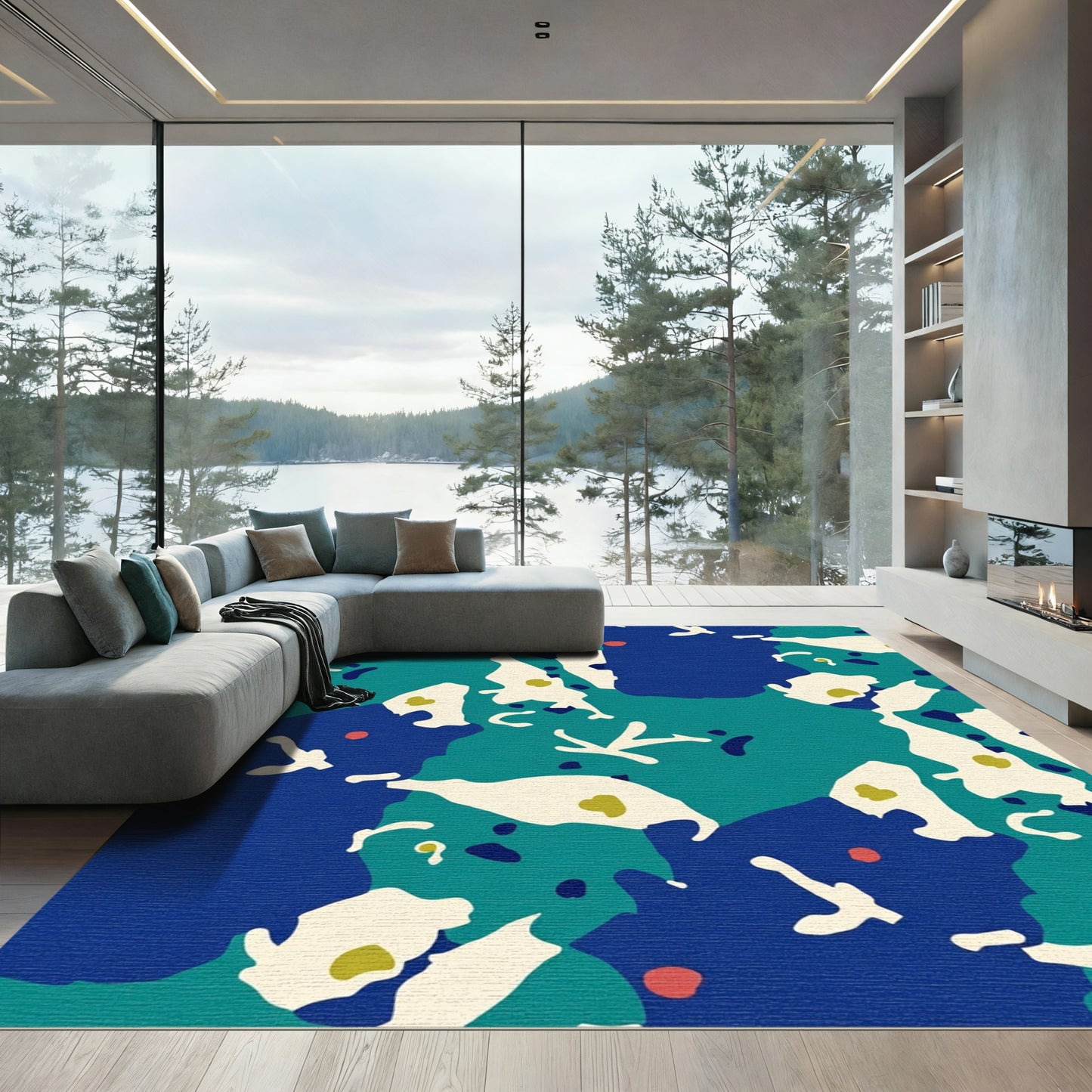 Abstract Blue Teal Organic Shapes Rug