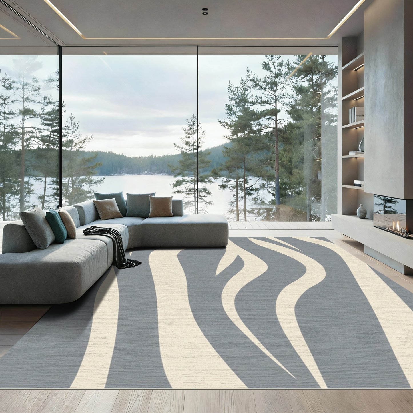 Gray Cream Abstract Swirl Wave Rug