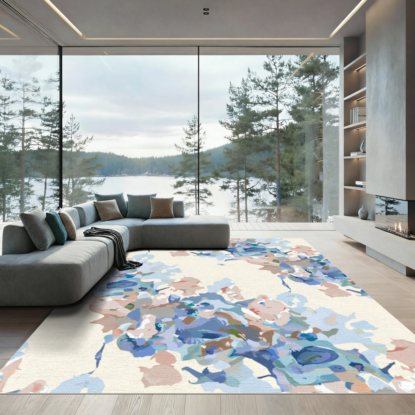 Soft Blue Abstract Floral Arrangement Rug