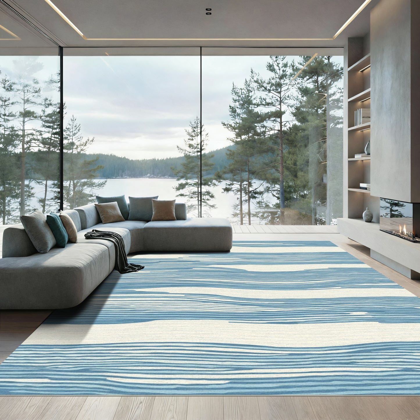 Azure Blue Wavy Organic Stripes Rug