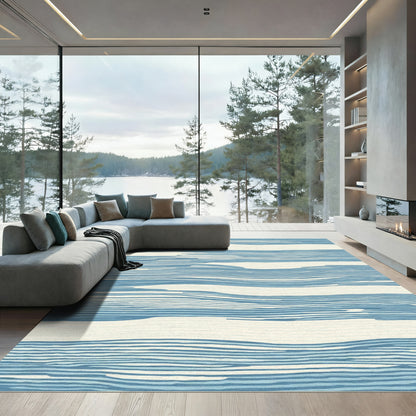 Azure Blue Wavy Organic Stripes Rug