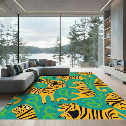 Yellow Tiger Stripes Teal Jungle Rug