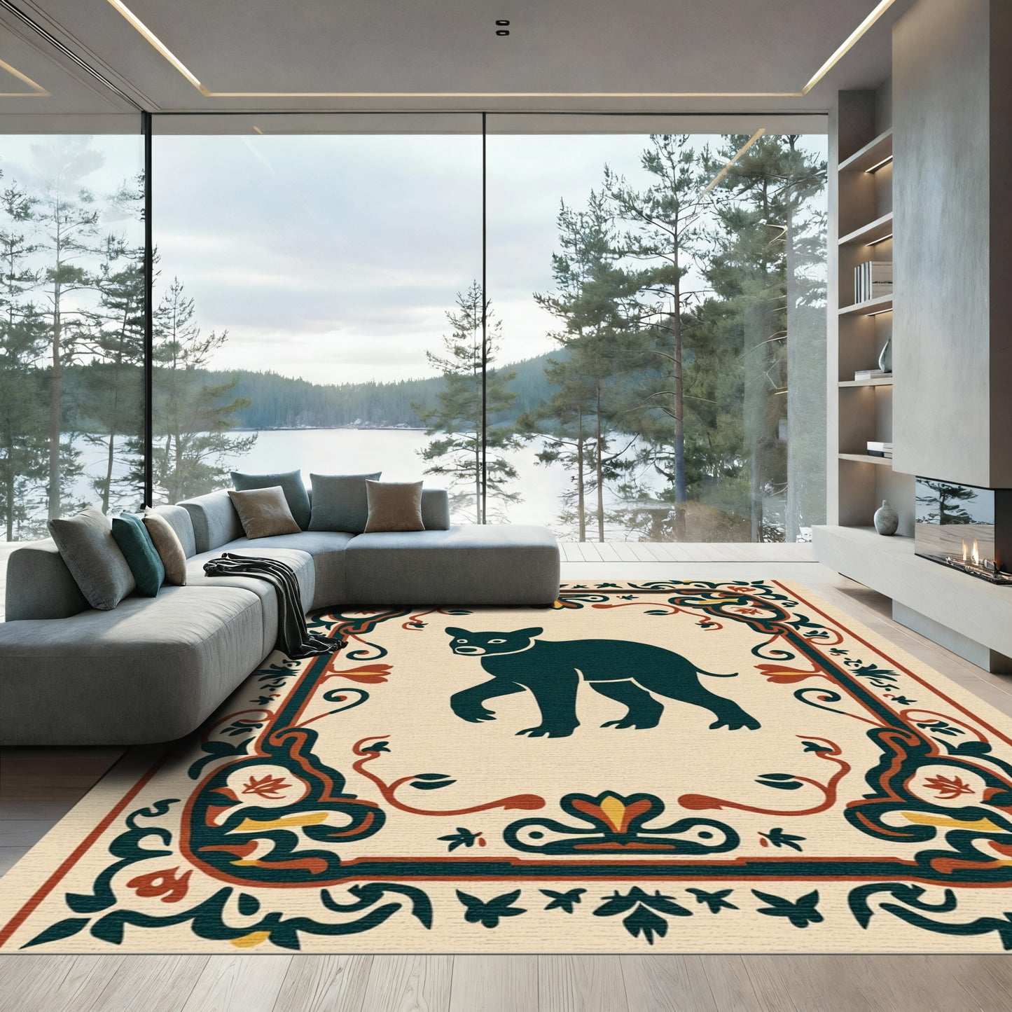 Dark Blue Walking Bear Motif Rug
