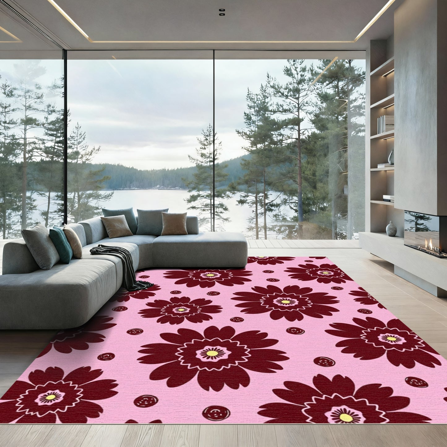 Deep Burgundy Flower and Dot Composition Rug