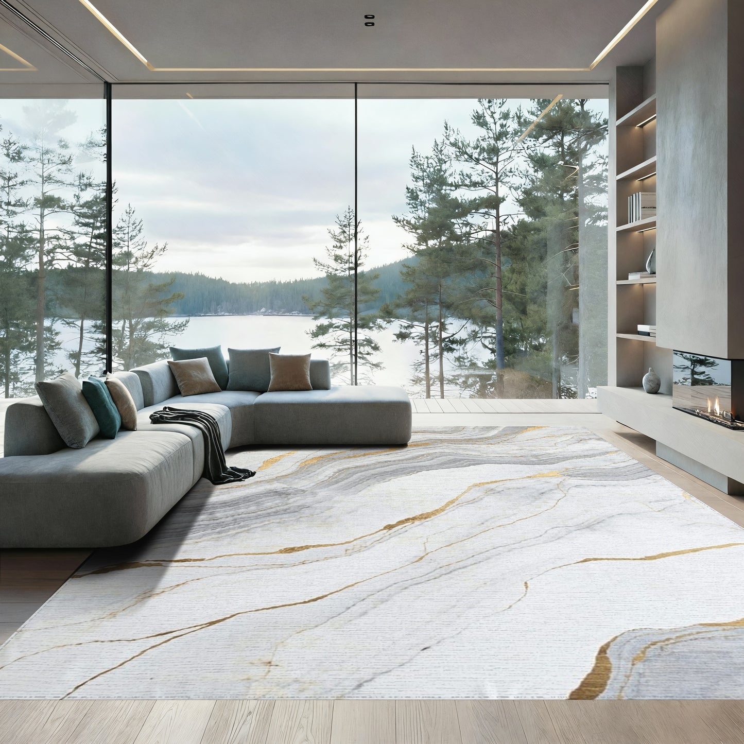 Gray Gold Veined Marble Rug