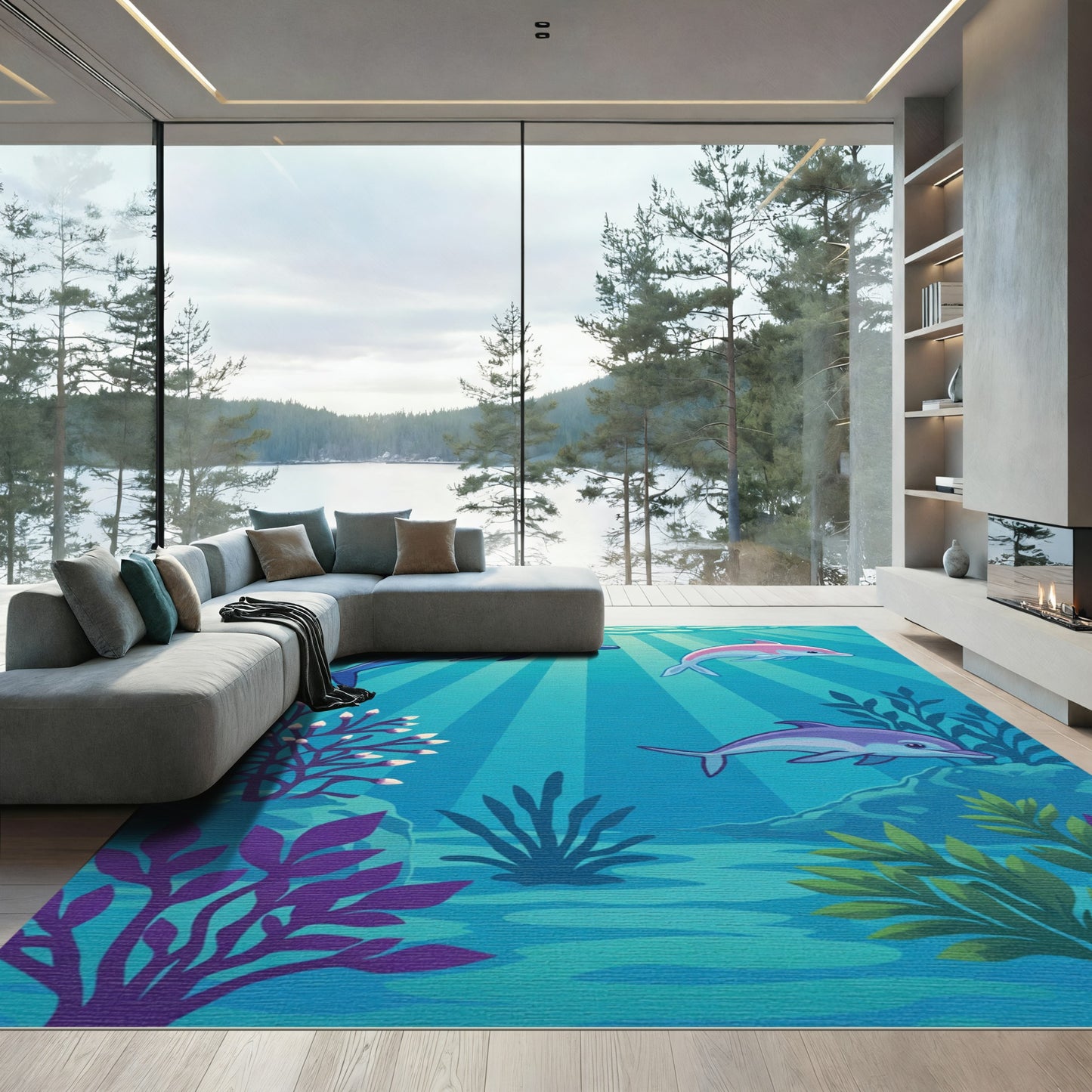 Playful Blue Pink Purple Dolphins Ocean Rug