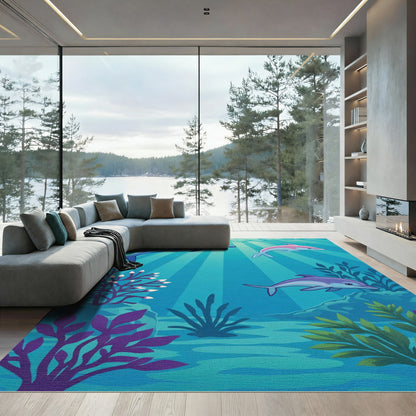 Playful Blue Pink Purple Dolphins Ocean Rug