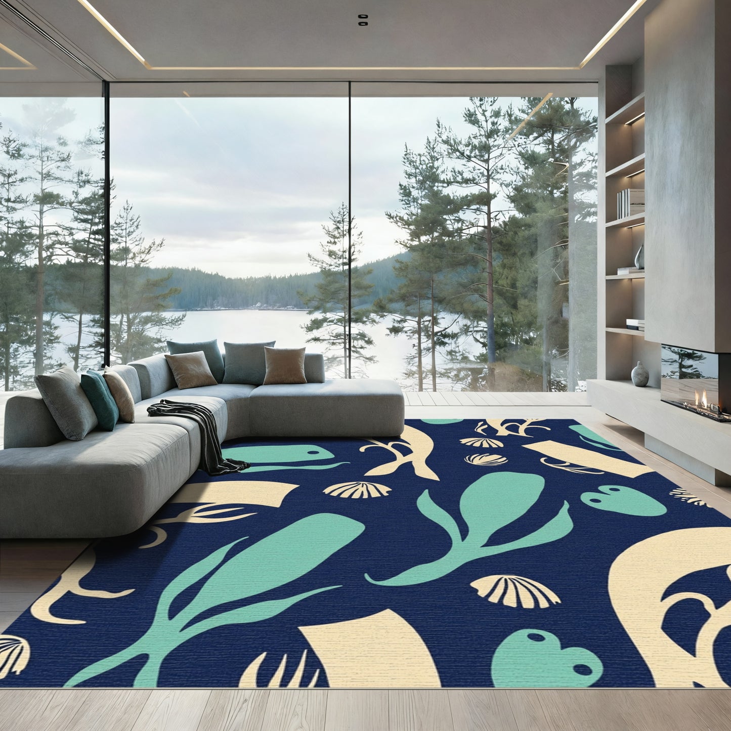 Aqua Teal Marine Life Collage Rug