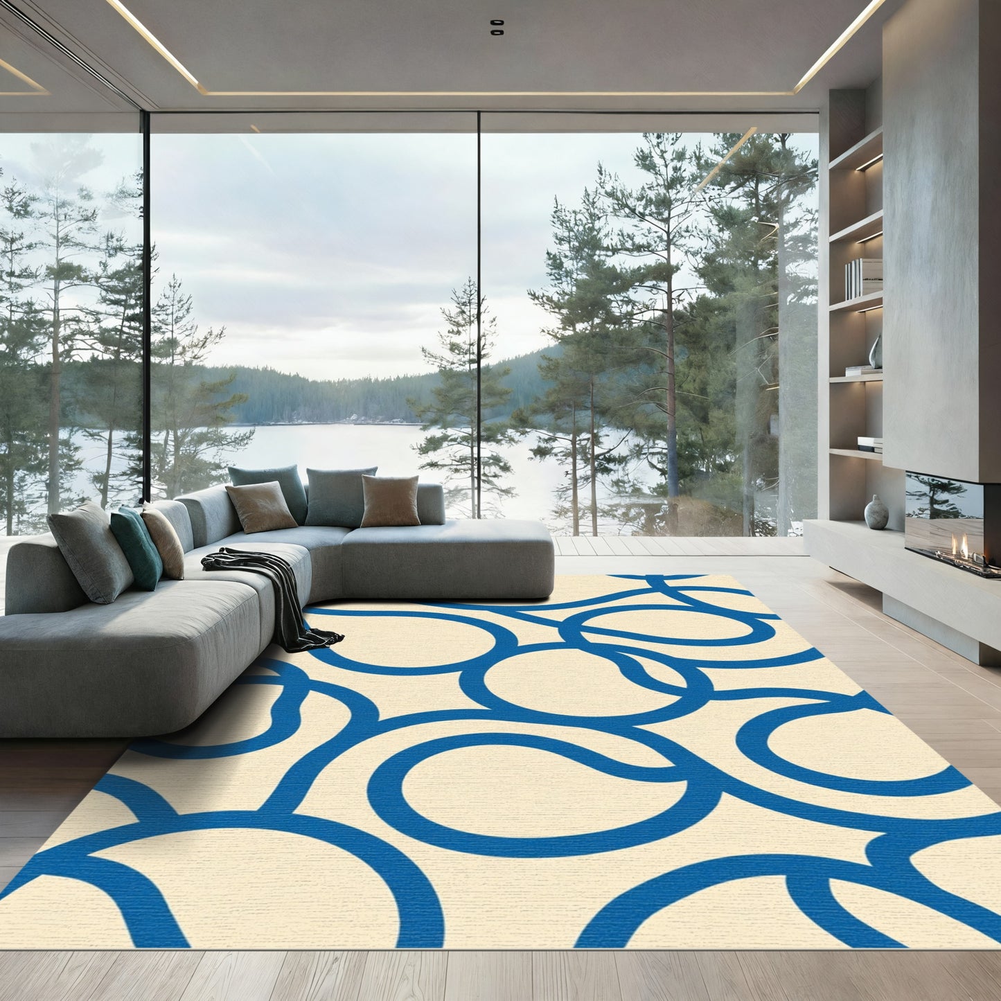 Cream Blue Curving Organic Lines Rug