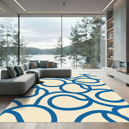 Cream Blue Curving Organic Lines Rug