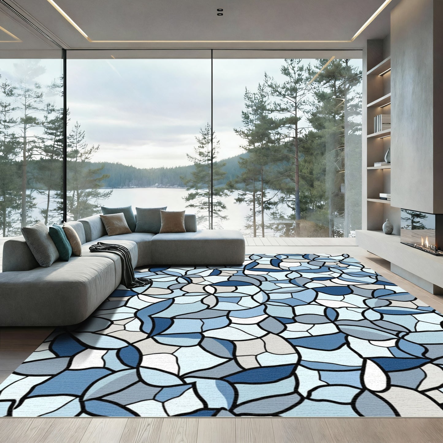 Tonal Blue Organic Mosaic Shape Rug
