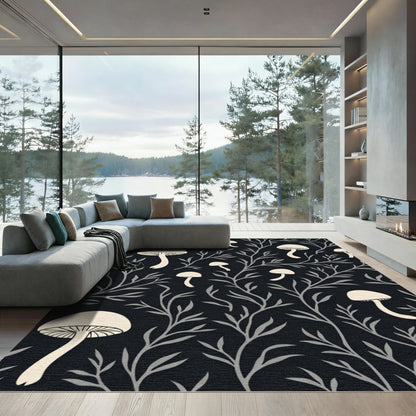 Cream Mushroom Branch Dark Background Rug