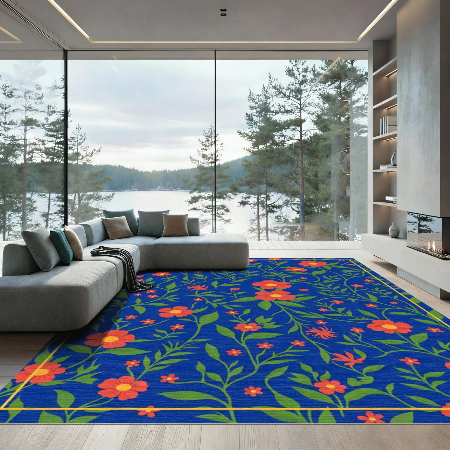 Royal Blue Coral Floral Vine Rug