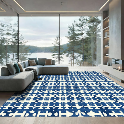 Classic Blue White Geometric Lattice Rug