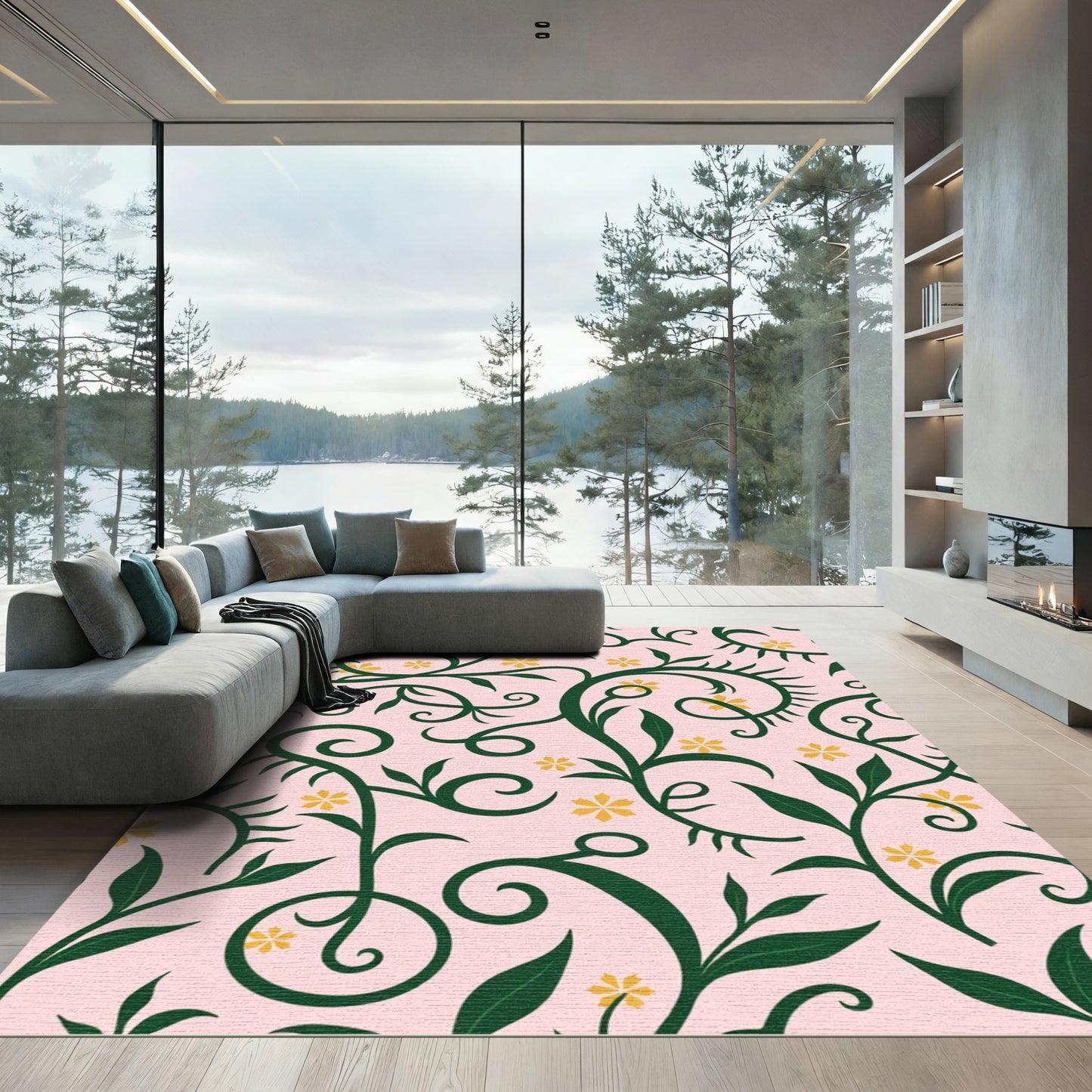 Soft Pink Green Floral Swirl Rug