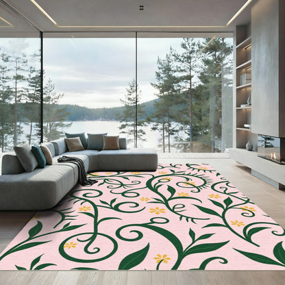 Soft Pink Green Floral Swirl Rug