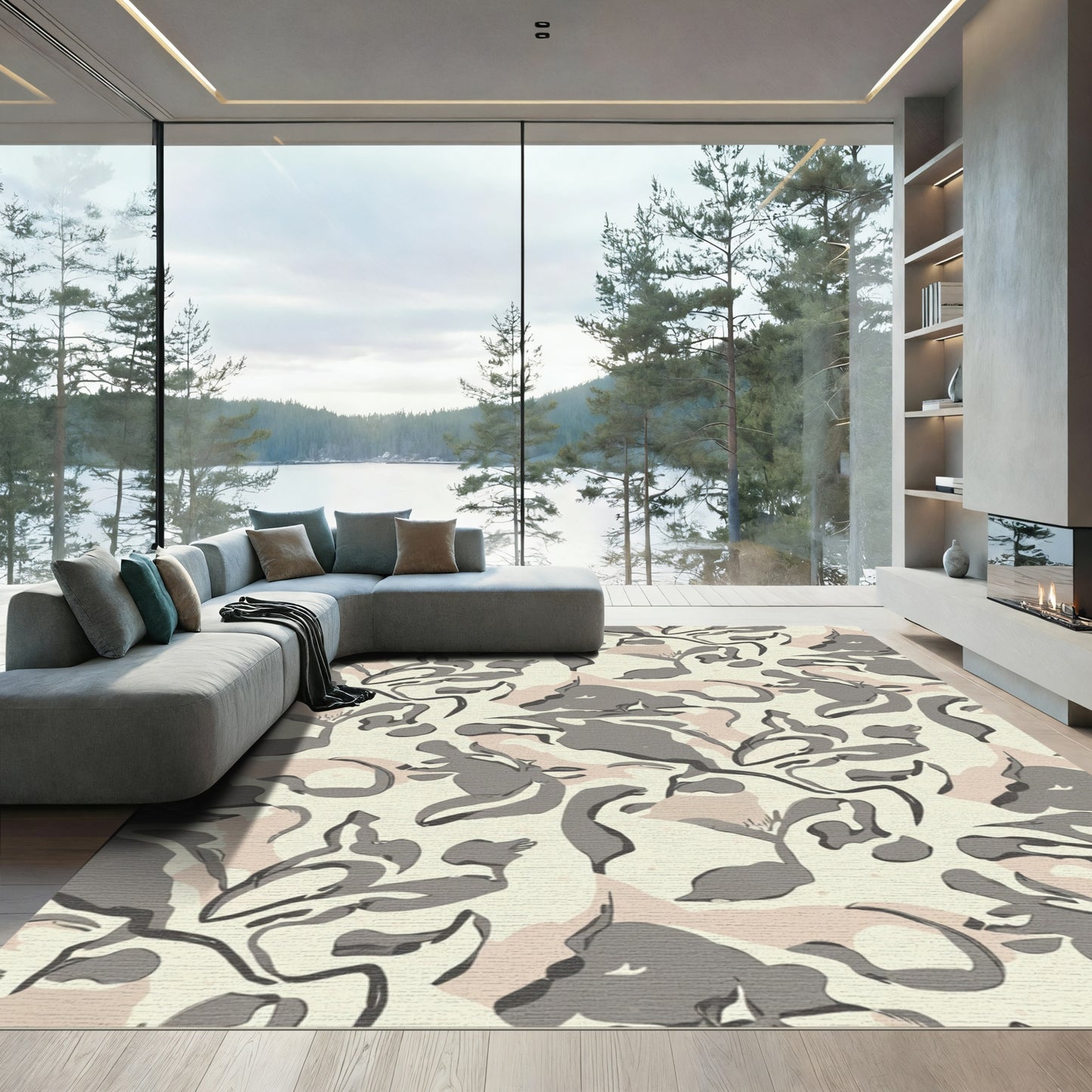 Abstract Gray Blush Camouflage Swirls Rug