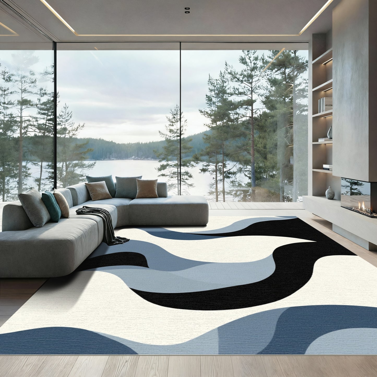 Modern Blue Wave Abstract Rug