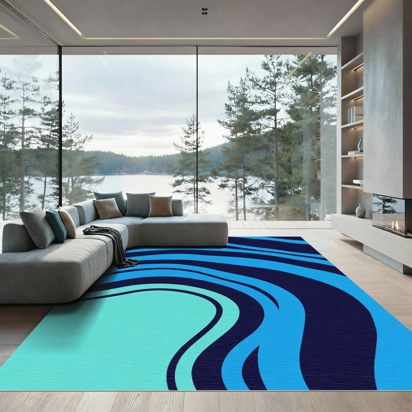 Oceanic Blue Flowing Stripes Rug