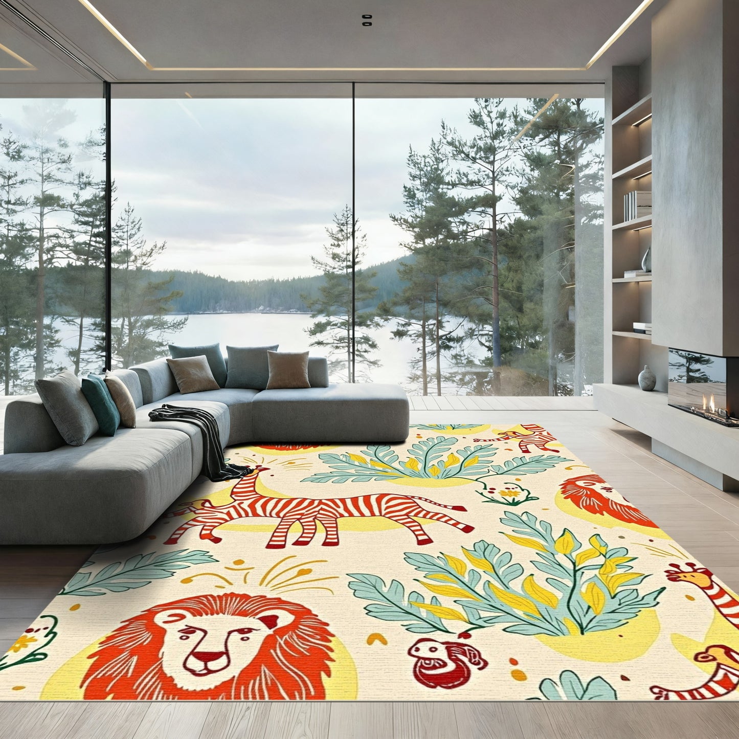 Playful Safari Animals Tropical Leaves Rug