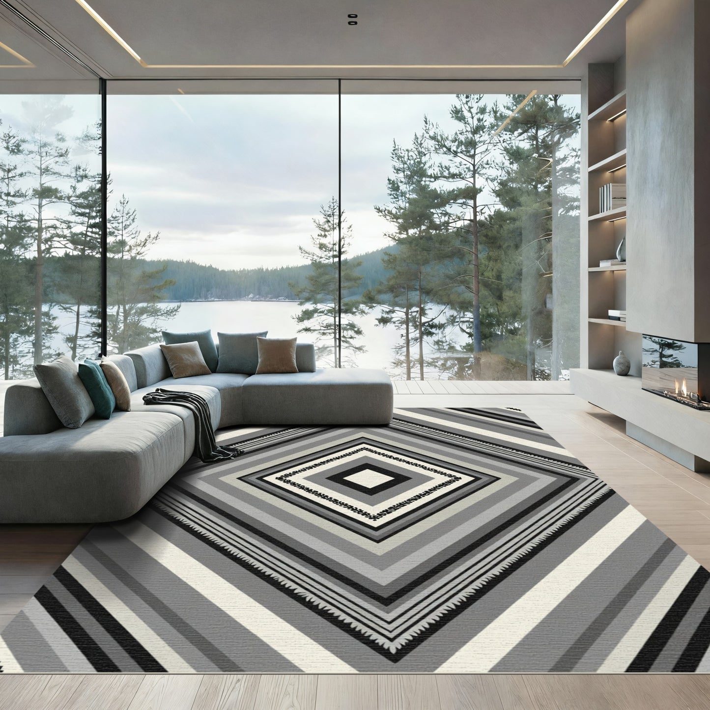 Monochrome Geometric Diamond Chevron Rug