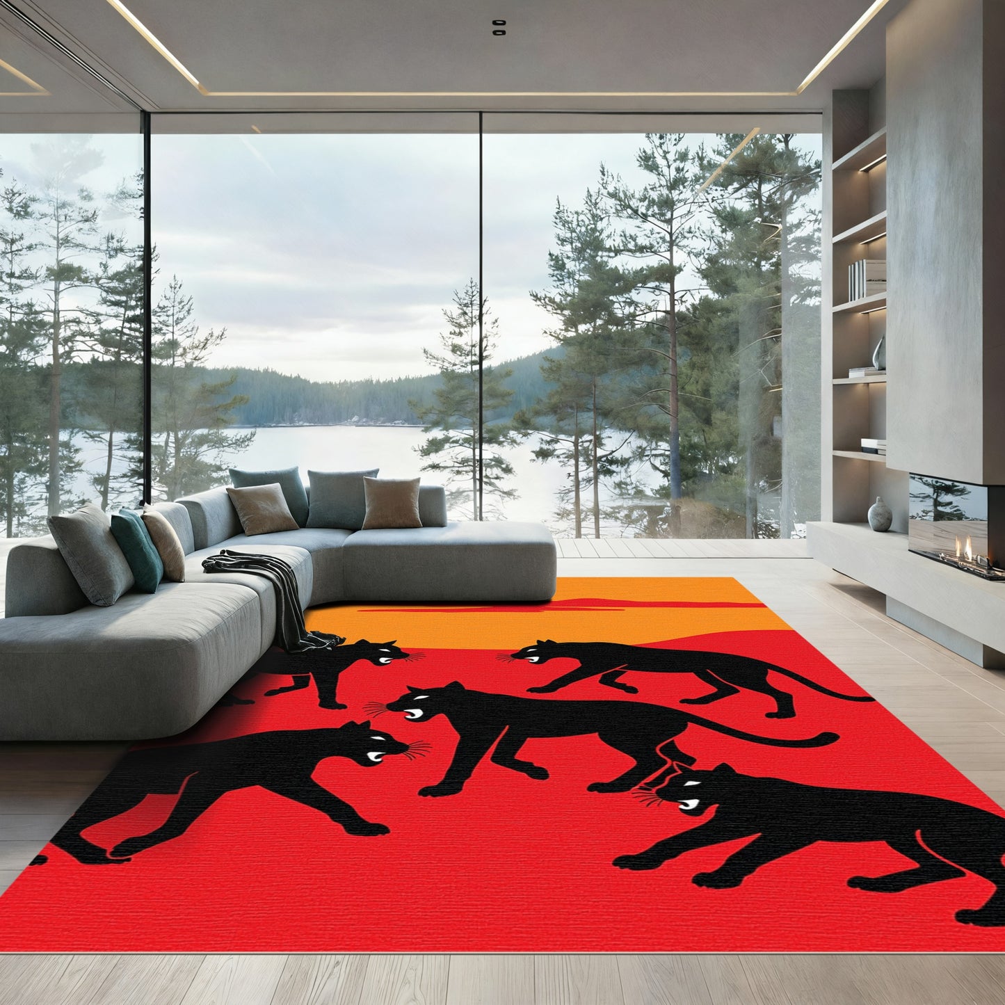 Bold Black Panther Hunting Scene Rug