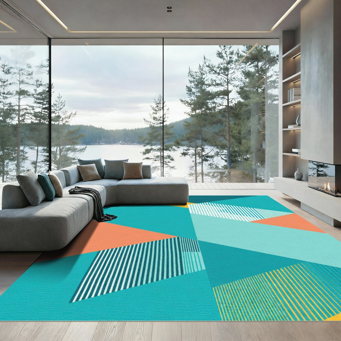 Geometric Teal Coral Yellow Stripes Rug