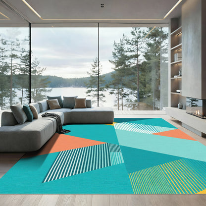 Geometric Teal Coral Yellow Stripes Rug
