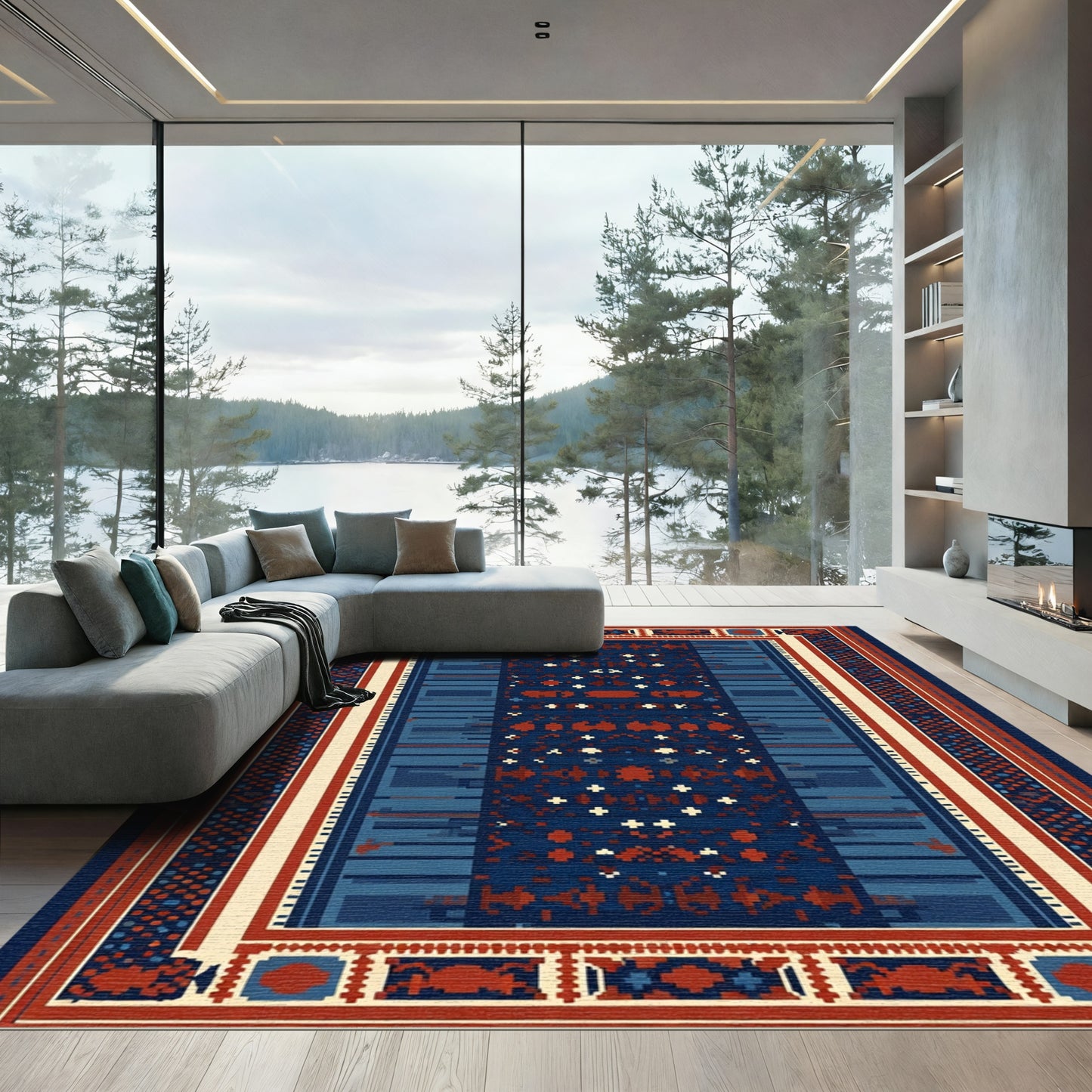 Deep Blue Red Tribal Stripe Rug