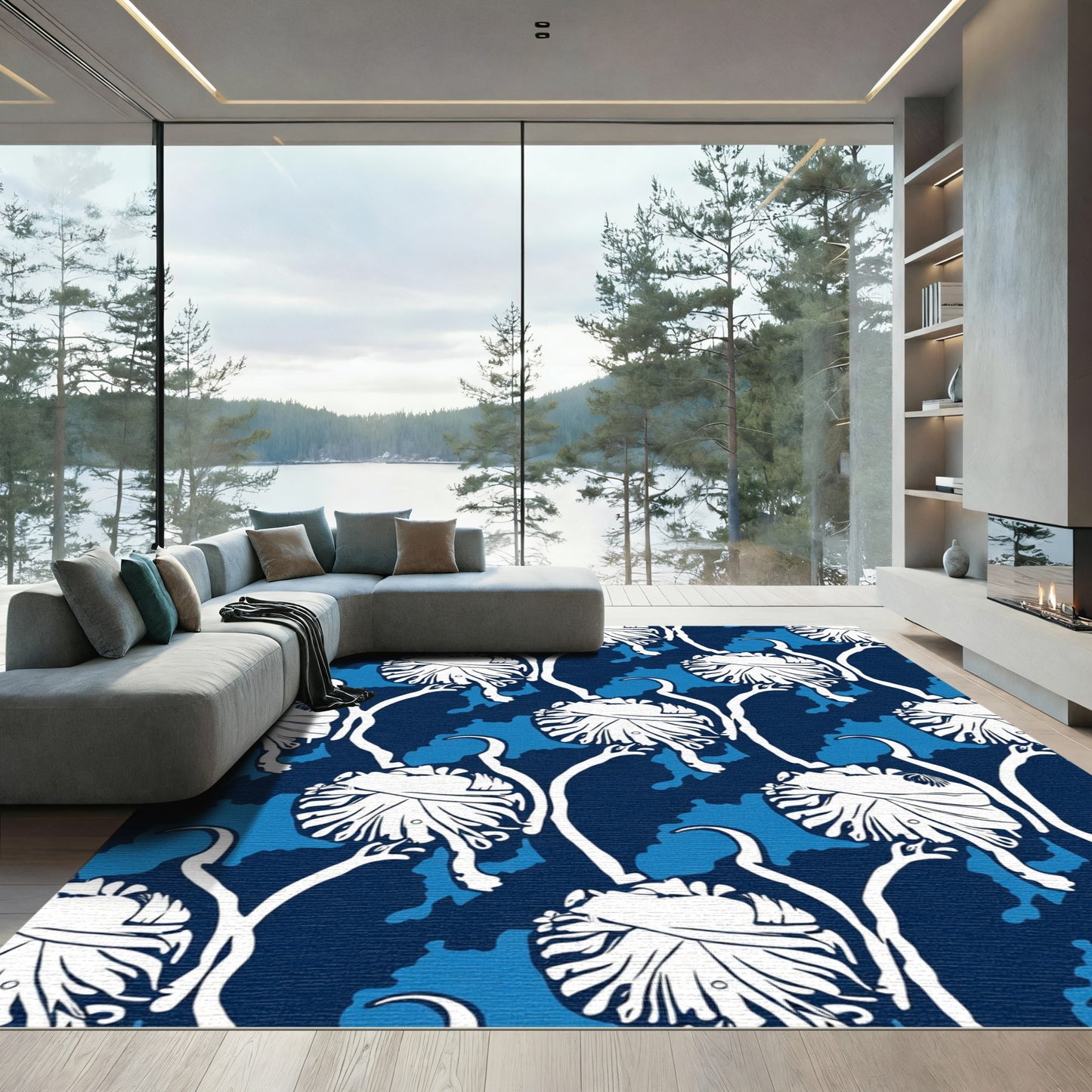 Deep Blue White Floral Vine Rug