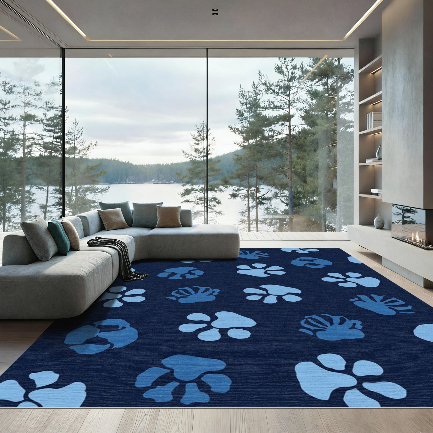 Deep Blue Paw Prints Repetition Rug