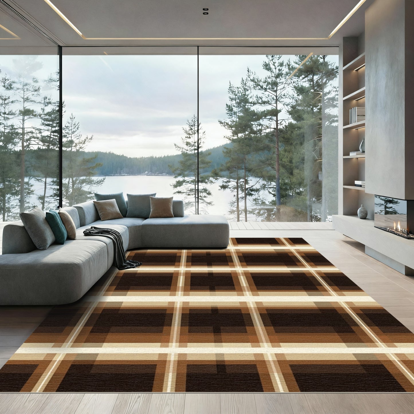 Chocolate Cream Plaid Squares Rug