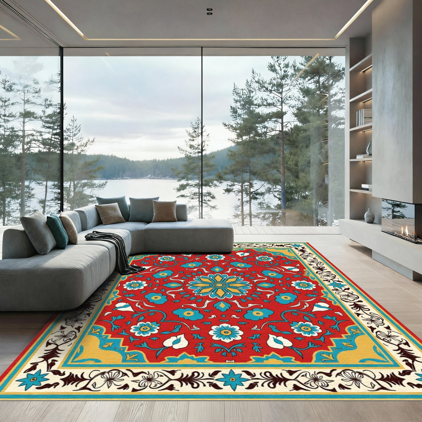 Red Floral Medallion Indigo Border Rug