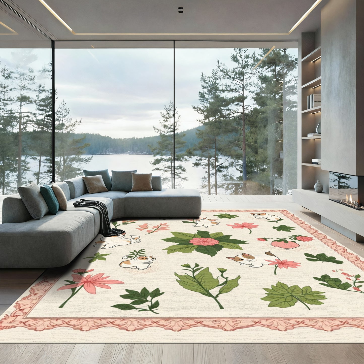 Playful Cats And Pink Floral Scatter Rug