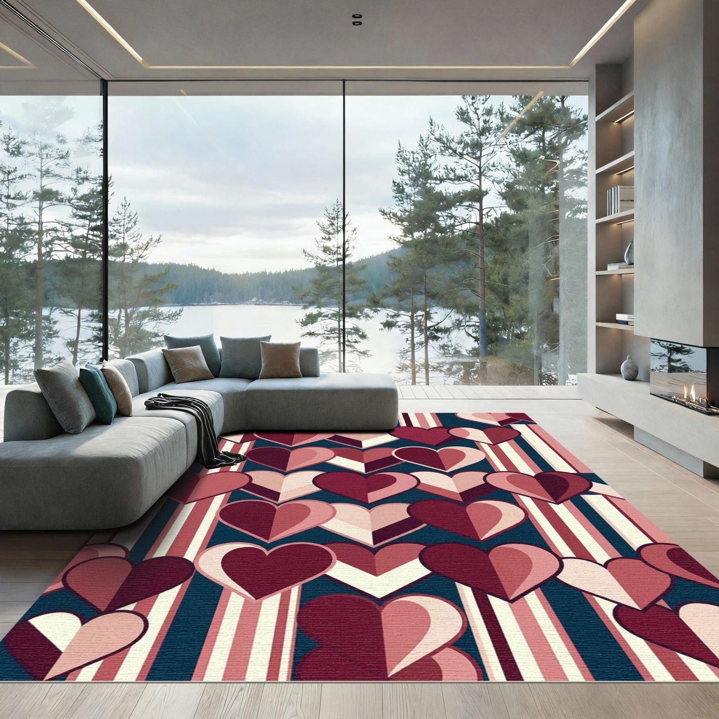 Retro Burgundy Heart Stripes Rug