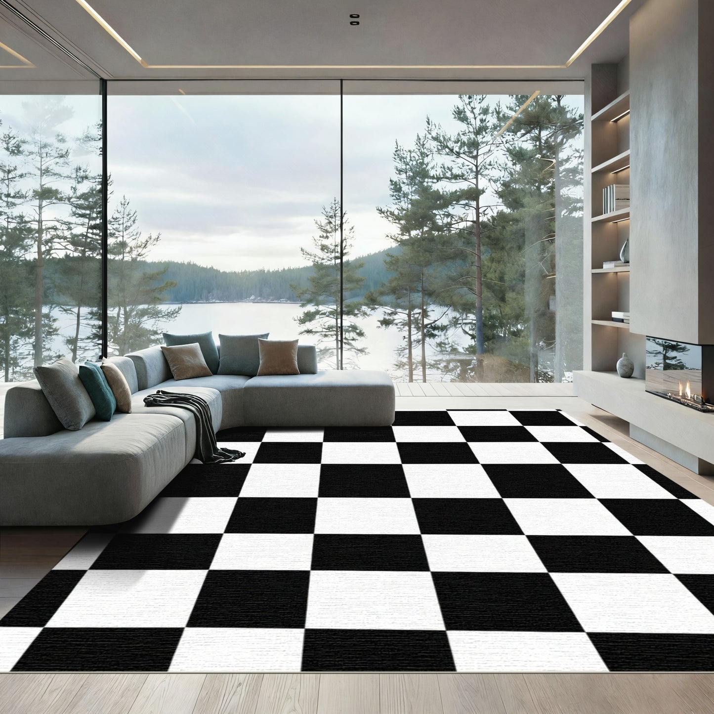 Bold Black White Checkered Grid Rug