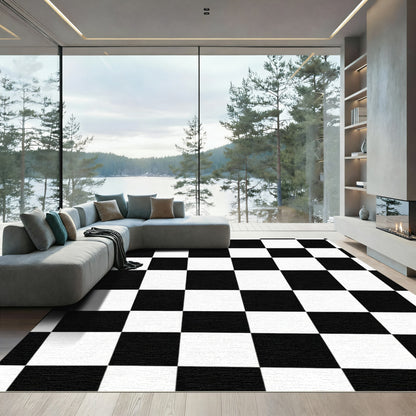 Bold Black White Checkered Grid Rug