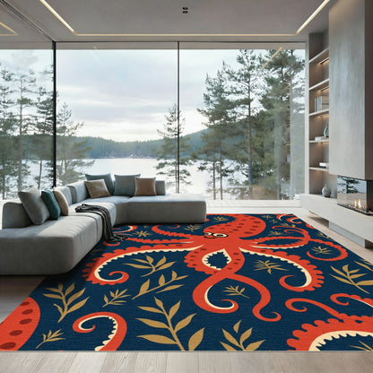 Red Octopus Navy Botanical Seafloor Rug
