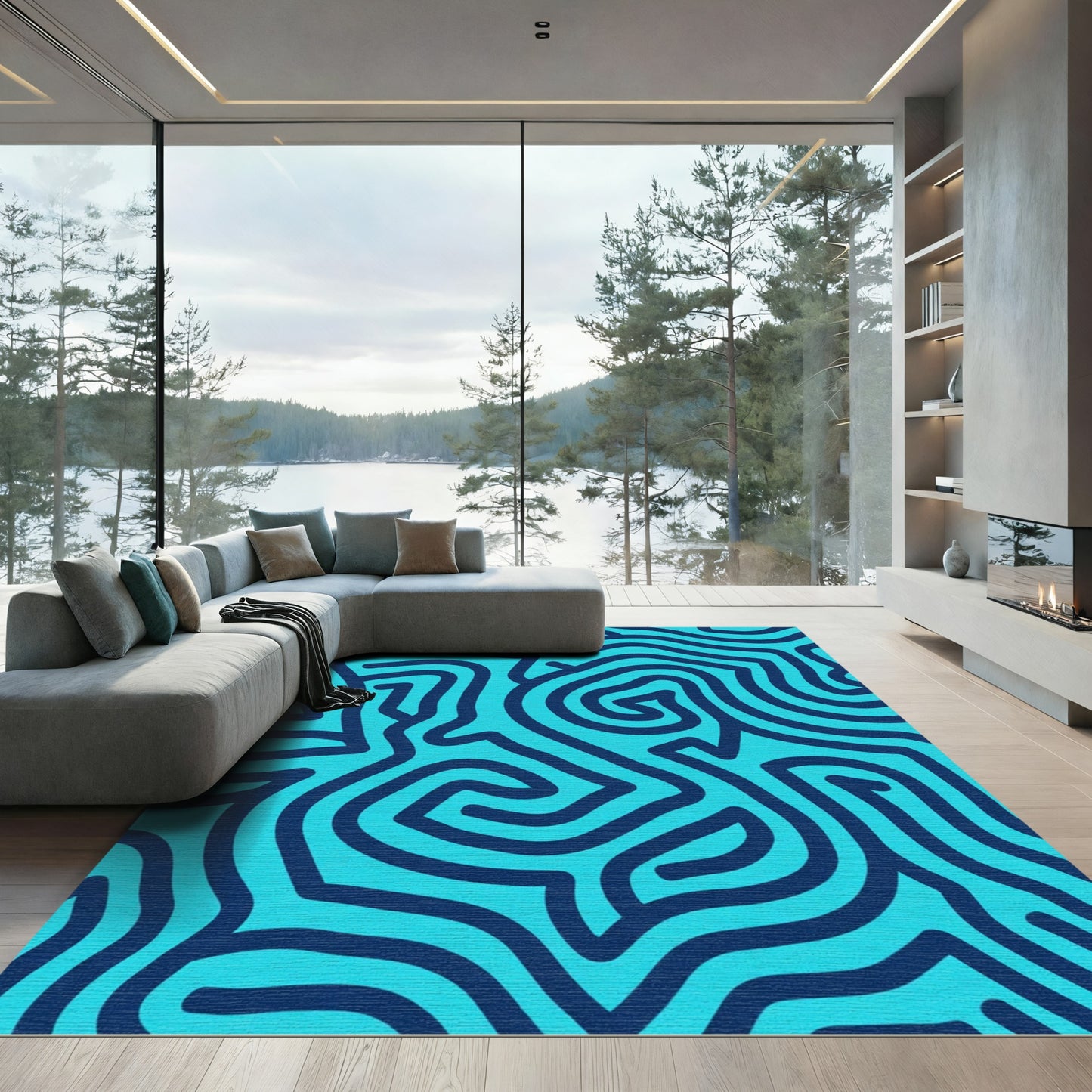 Deep Blue Abstract Maze Rug