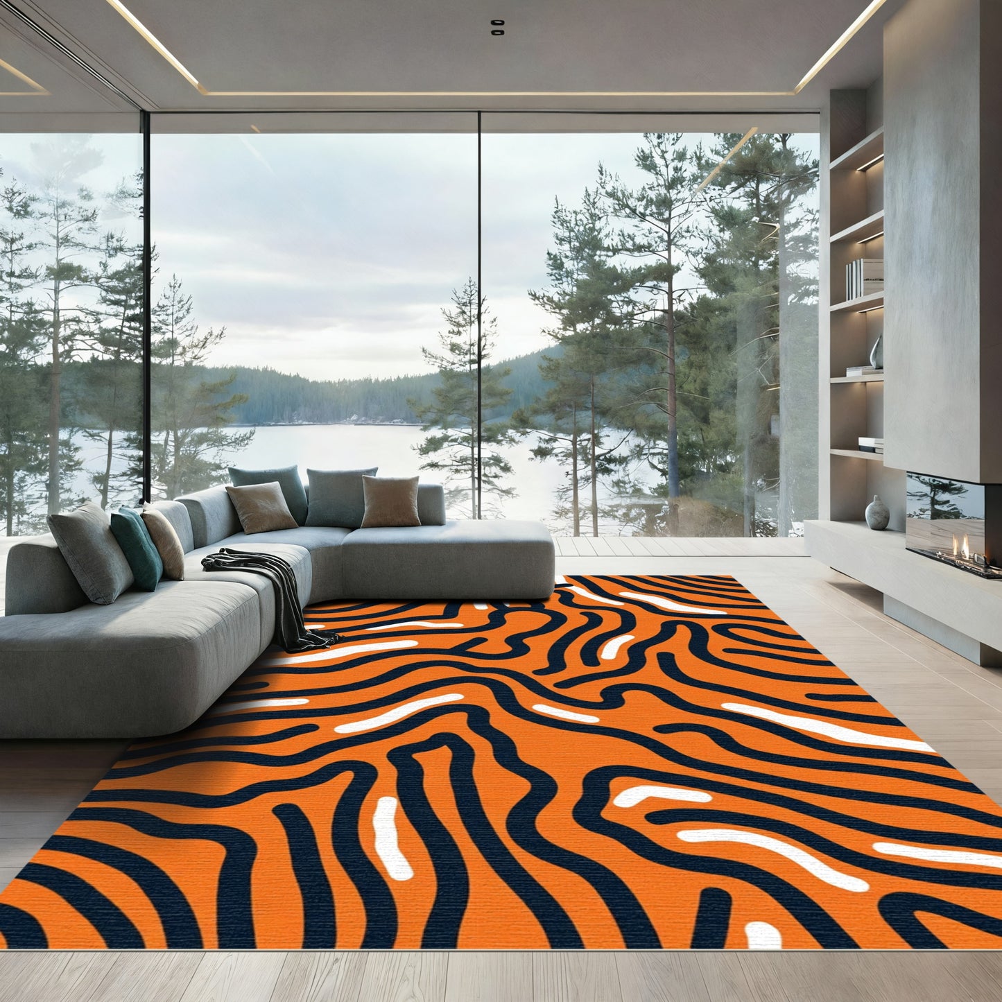 Bold Orange Black Wavy Lines Rug