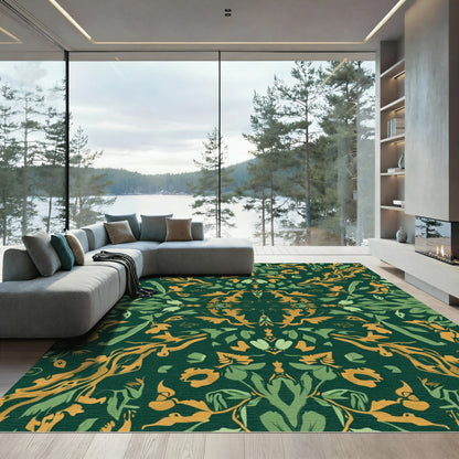 Emerald Green Golden Botanical Swirl Rug