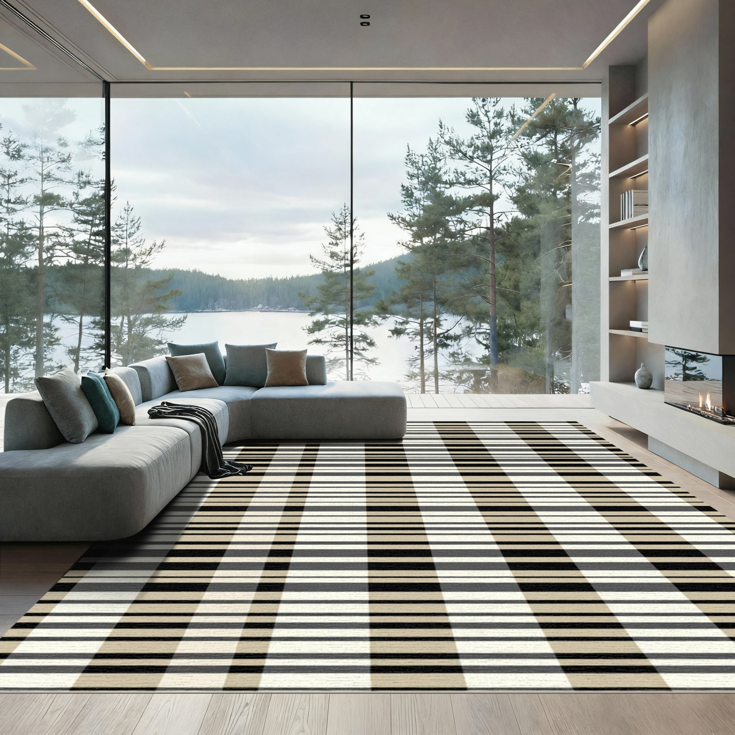 Tan Black White Stripe Plaid Rug