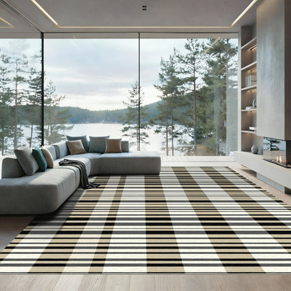 Tan Black White Stripe Plaid Rug