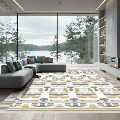 Geometric Ochre Gray Grid Rug