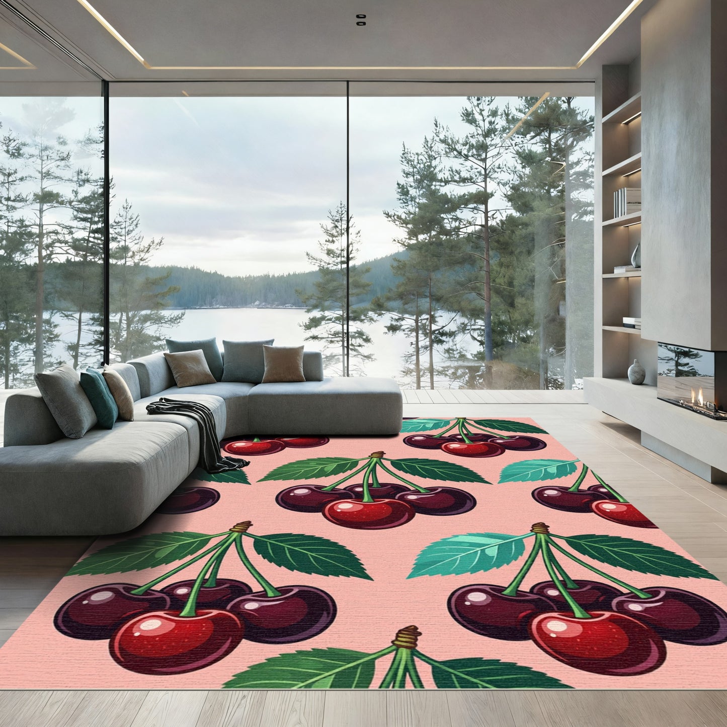 Juicy Red Cherry Branches Pink Background Rug