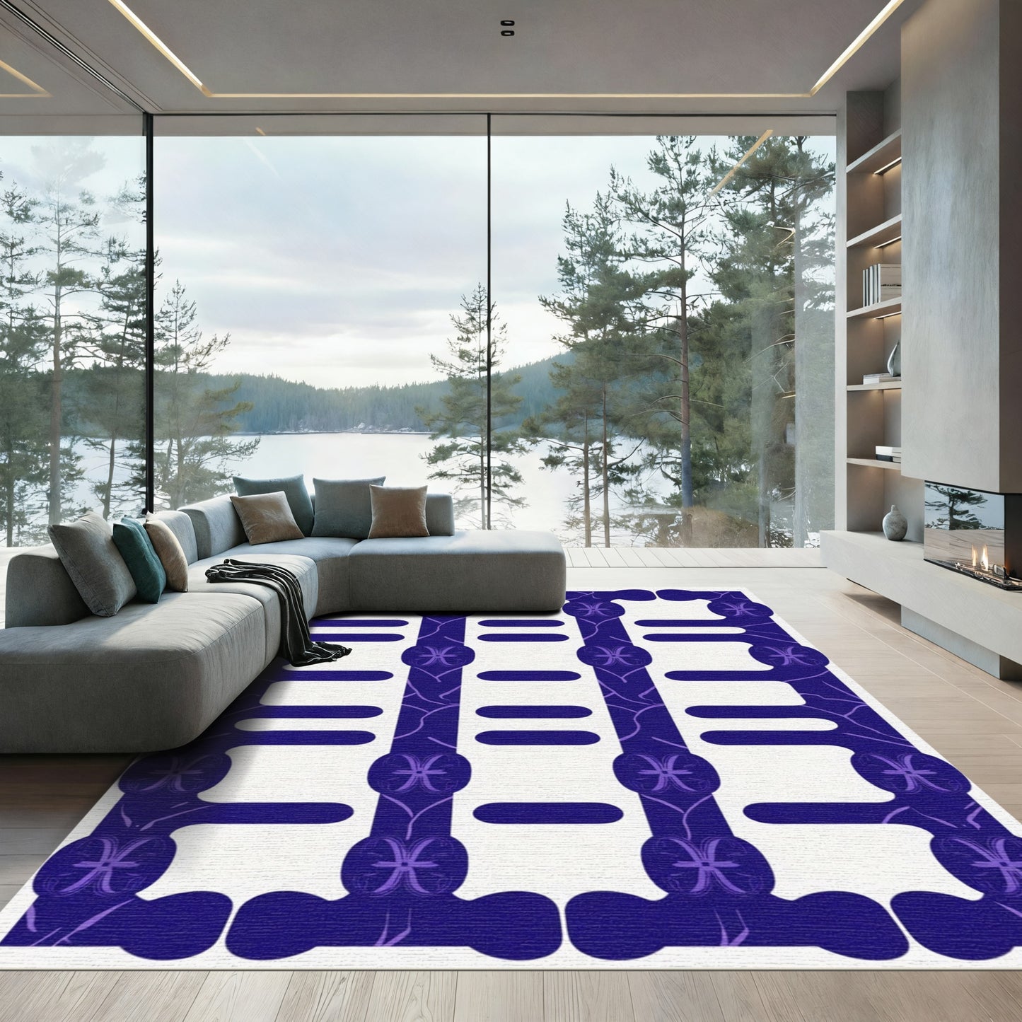 Deep Indigo Pisces Geometric Stripes Rug